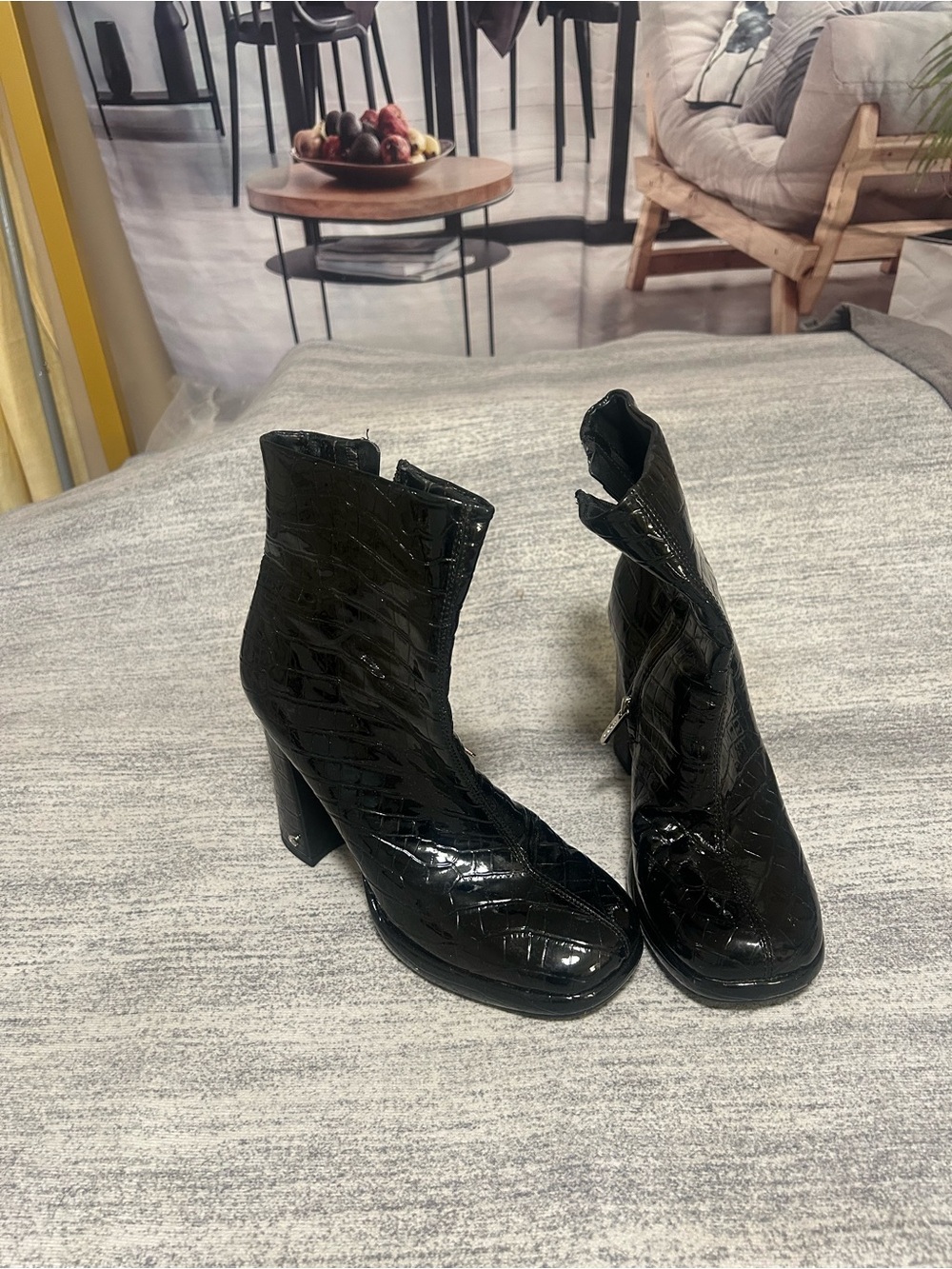Sam Edelman Black Patent Croc-Embossed Block Heel Ankle Boots